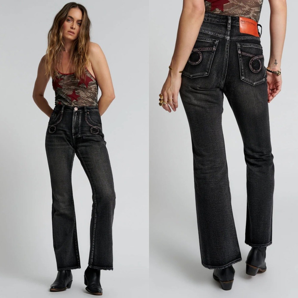 One Teaspoon | Charlie High Waist Slim Flared Denim Jeans in Faded Black